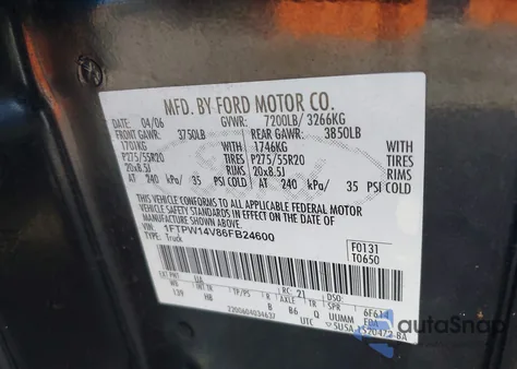 2006 Ford F-150 Fx4/Lariat/Xlt z USA, uszkodzony, nr VIN 1FTPW14V86FB24600